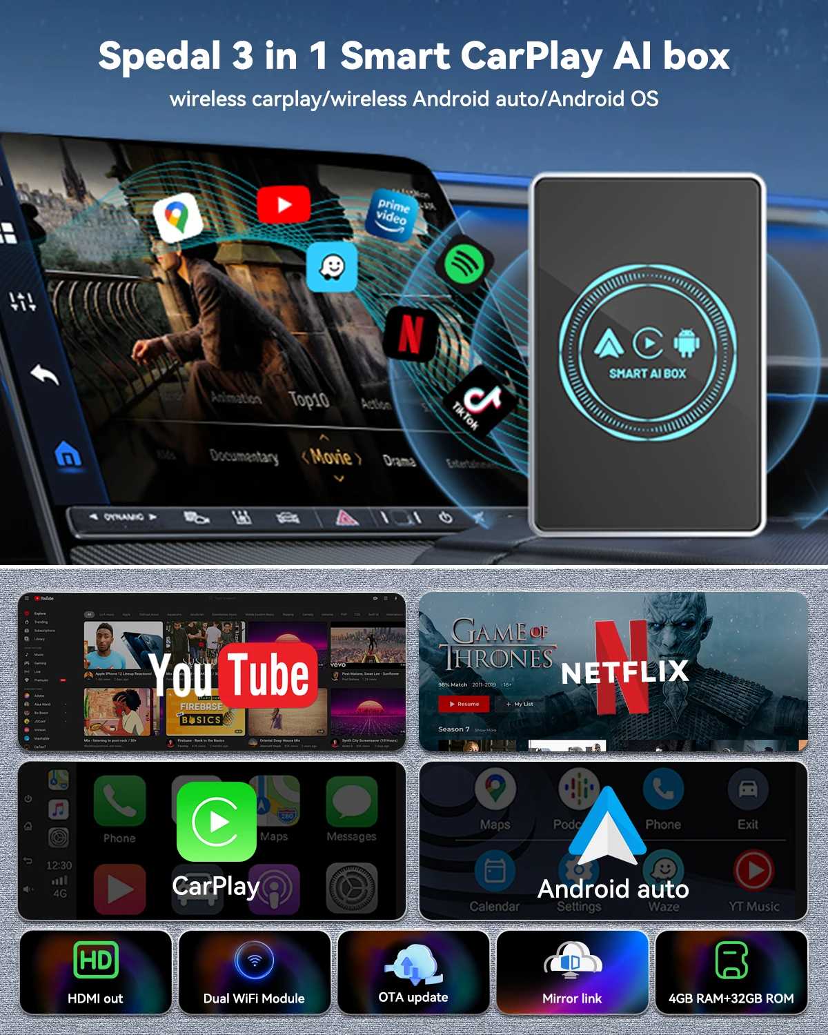4+32GB CarPlay AI BoxWireless CarPlay & Android Auto Adapter Netflix & YouTube ,4K Video, Dual-Band WiFi HDMI Output