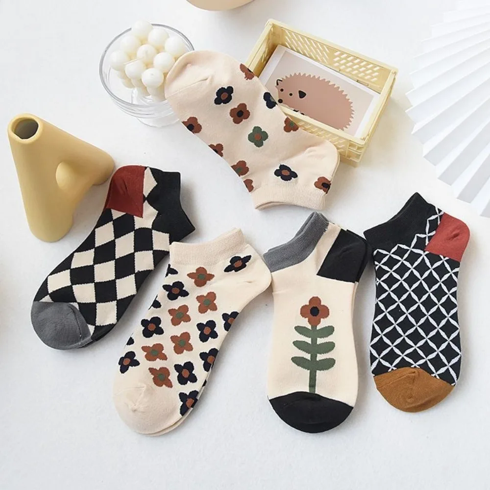 

5 Pairs Comfortable Shallow Mouth Women Cotton Socks Flower Printed Style Breathable Ankle Low Sock Small Plaid Tube Socks