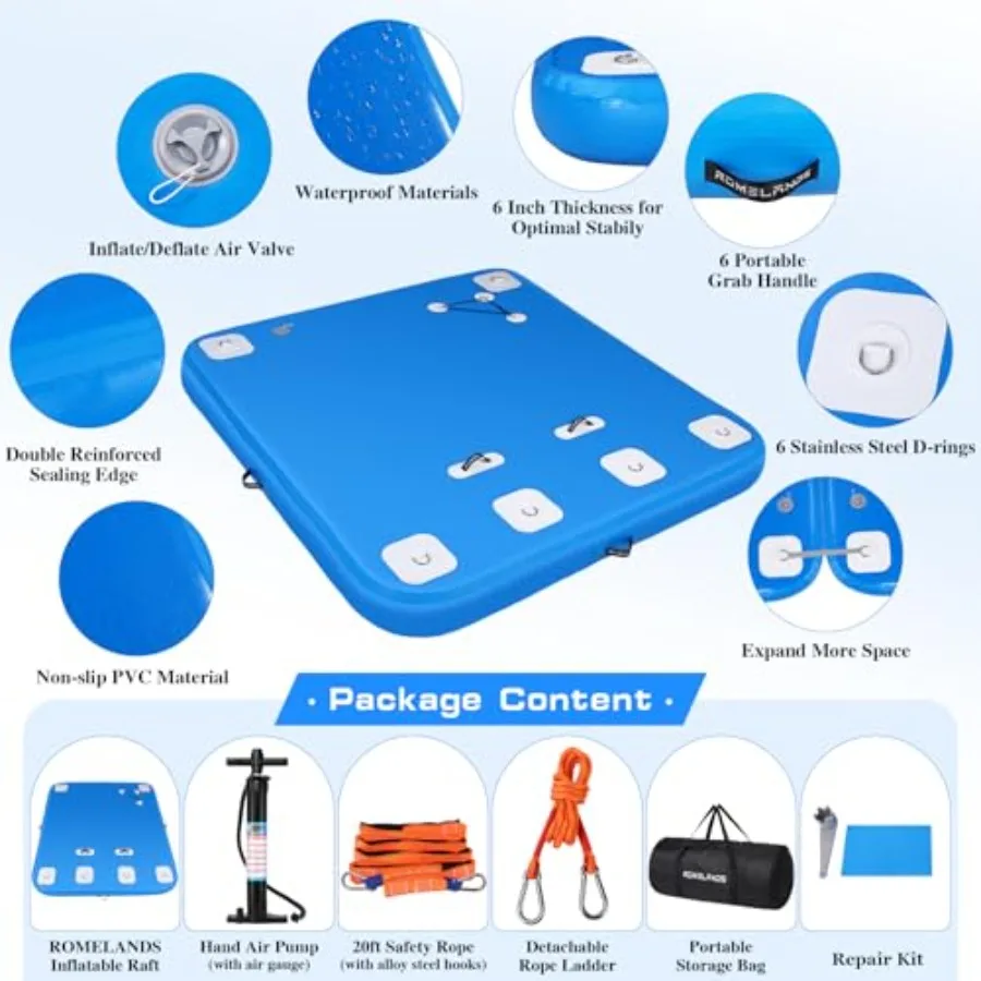 Nadmuchiwana platforma pływająca, duża mata powietrzna, nadmuchiwana podkładka wodna z antypoślizgową powierzchnią do jeziora, basenu, plaży, oceanu, niebieska