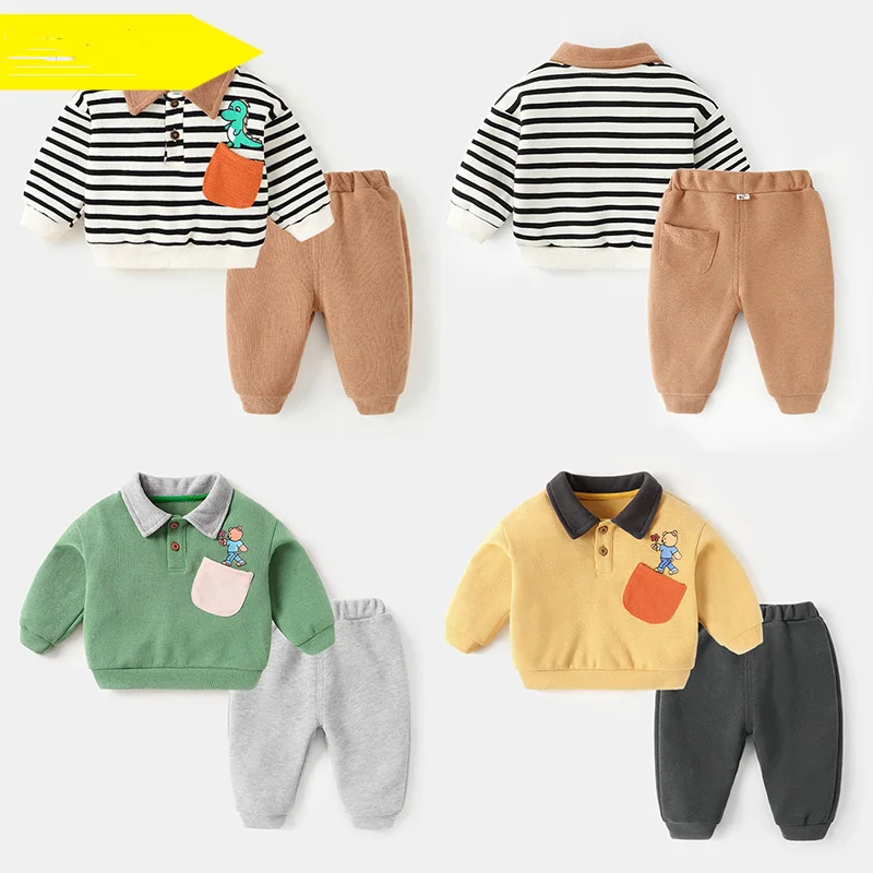 Baby Boys Autumn 2PCS Clothes Set Cotton Dinosaur Striped Sweatshirt Suit Solid Elastic Waist Sport Pants Infant Kids Boy Outfit