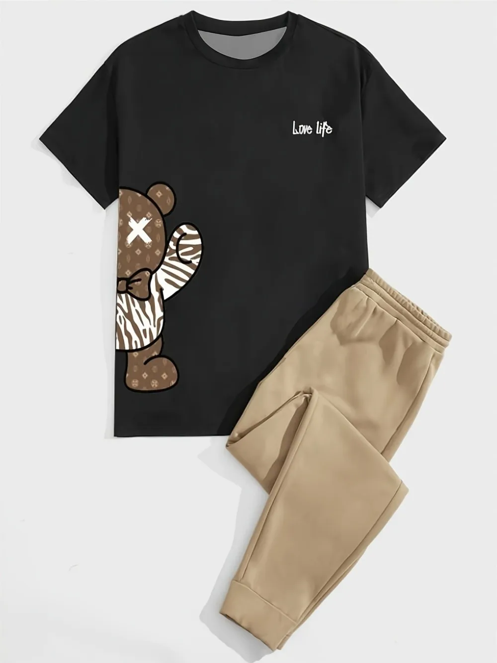 

Summer Men's Teddy Bear Printed Breathable Comfortable Round Neck T-shirt Long Pants Outdoor Leisure Sports Two Piece Set