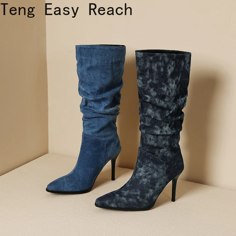 Blue Denim Knee High Cowboy Boots for Women 2023 Autumn Pleated High Heels Long Boots Woman Stiletto Heeled Jeans Botas Shoes