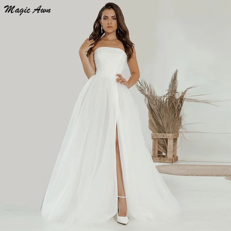 Magic Awn Vintage Halter suknie ślubne rozcięcie na udzie Backless Satin prosty biały suknie ślubne dla kobiet długość podłogi szata Mariee