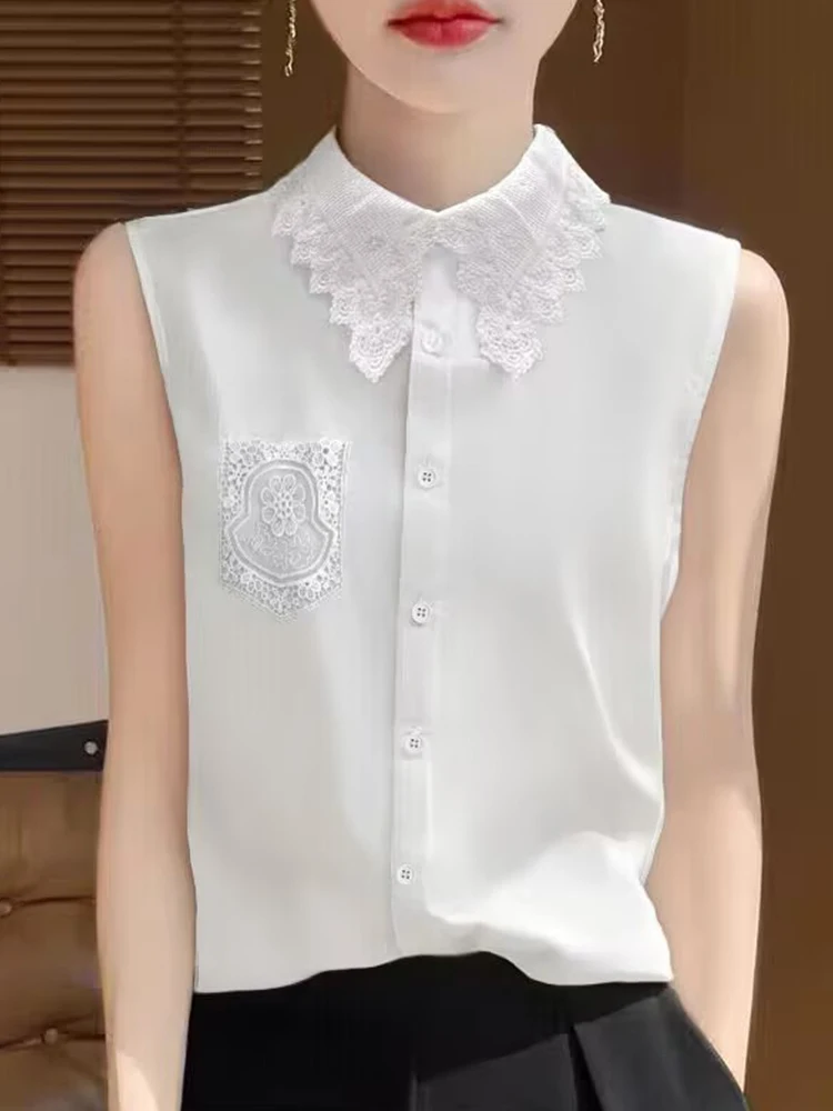 

Женская летняя модная блузка с кружевными вставками на плечах, шифоновая, с воротником, на одной пуговице, класса люкс