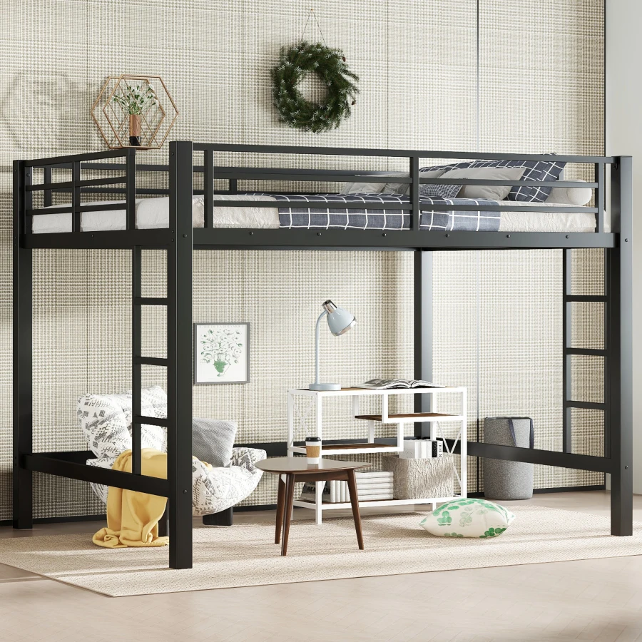 Queen Size Metal Loft Bed, Loft Bed with Easy Climbing Ladder and Guardrails, Black Anti-Tip