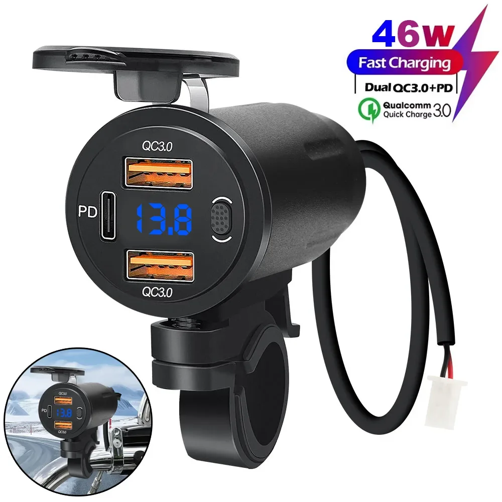 

12V-24V PD3.0 Motorcycle Handlebar Mount 46W Dual QC3.0 USB Fast Charging Cellphone Charger with LED Voltmeter Switch For Moto