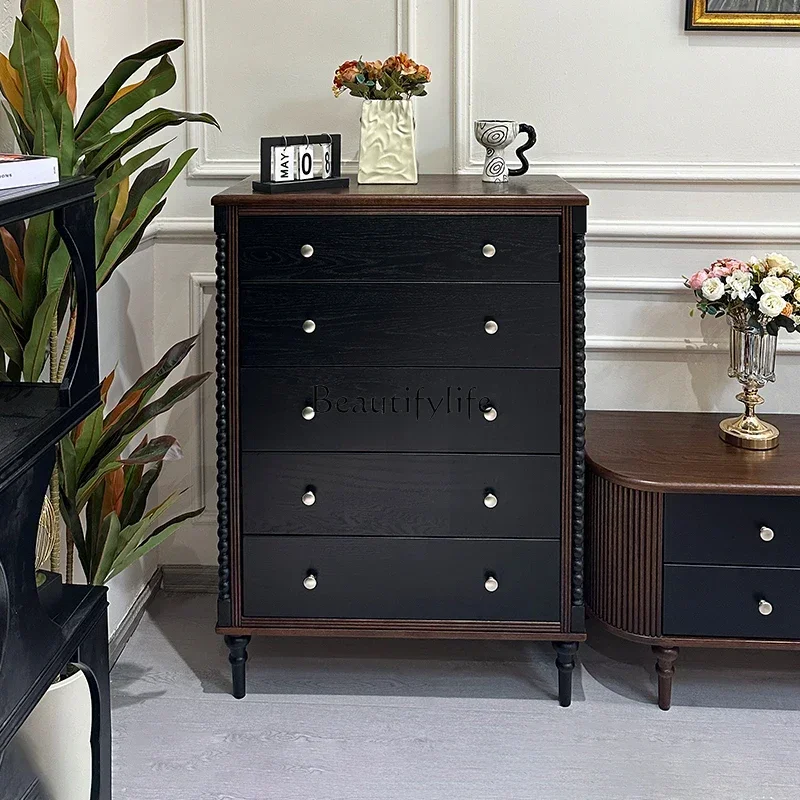 yj9  French Retro Solid Wood Five-Drawer Cabinet for Bedroom and Living Room Wall-Mounted Storage Drawer Cabinet