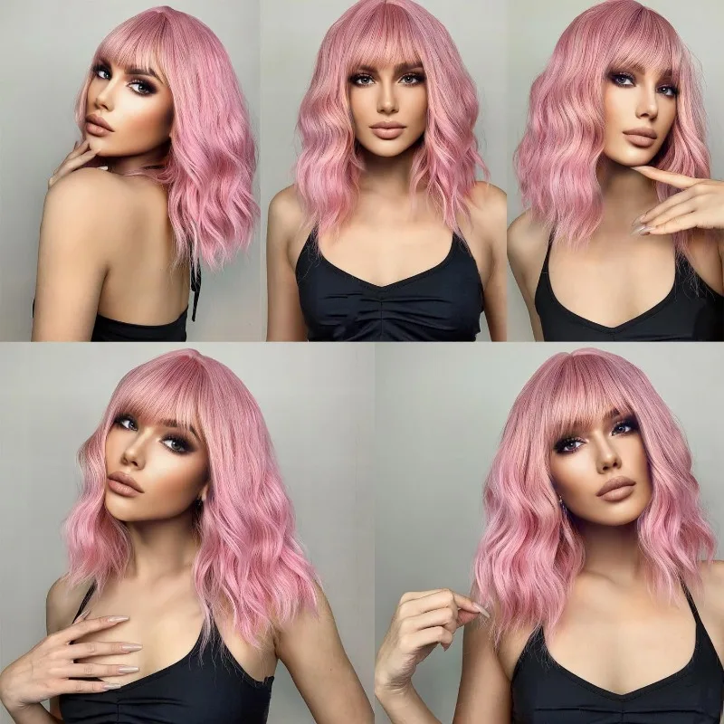 Short Pink Curly Wavy Synthetic Natural Hair wigs for Women Bob Straight Wig with Bangs High Temperature Daily Cosplay Party Wig