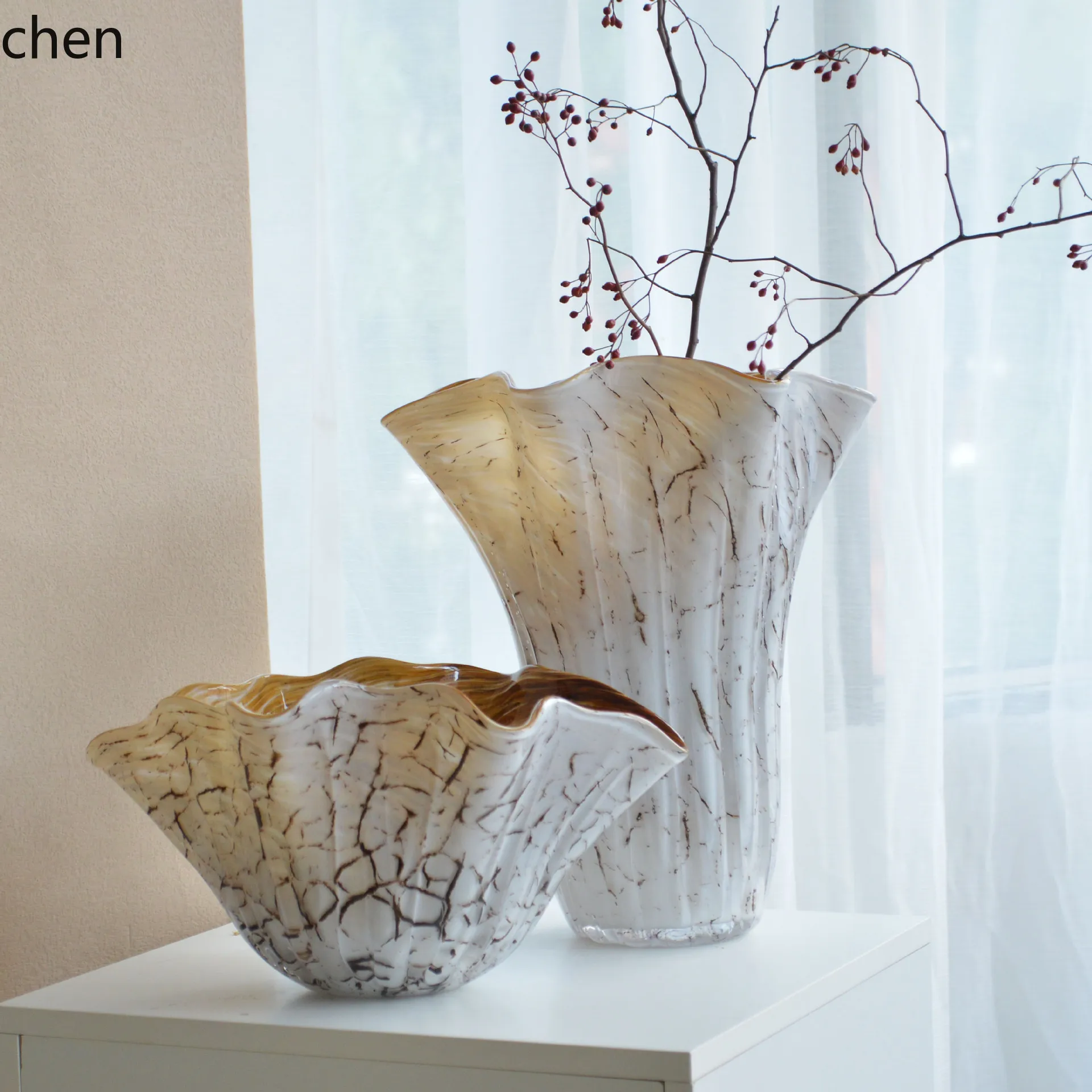 HT  minimalist white crackle glaze vase - modern decorative flower vase for living room coffee table, dining room, entryway