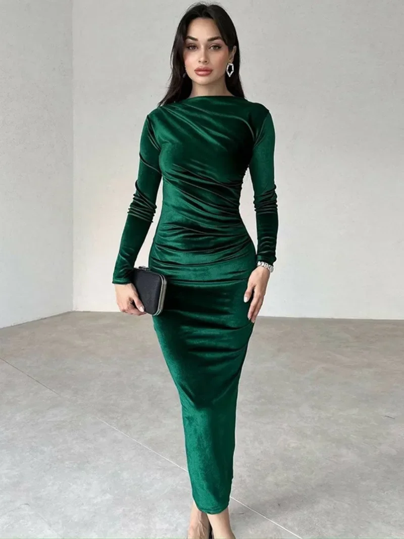 2024 Autumn Women O-neck Folds High Waist Mid-calf Velvet Dress Elegant Fashion Office Lady Bodycon Tunics Party Evening Dresses