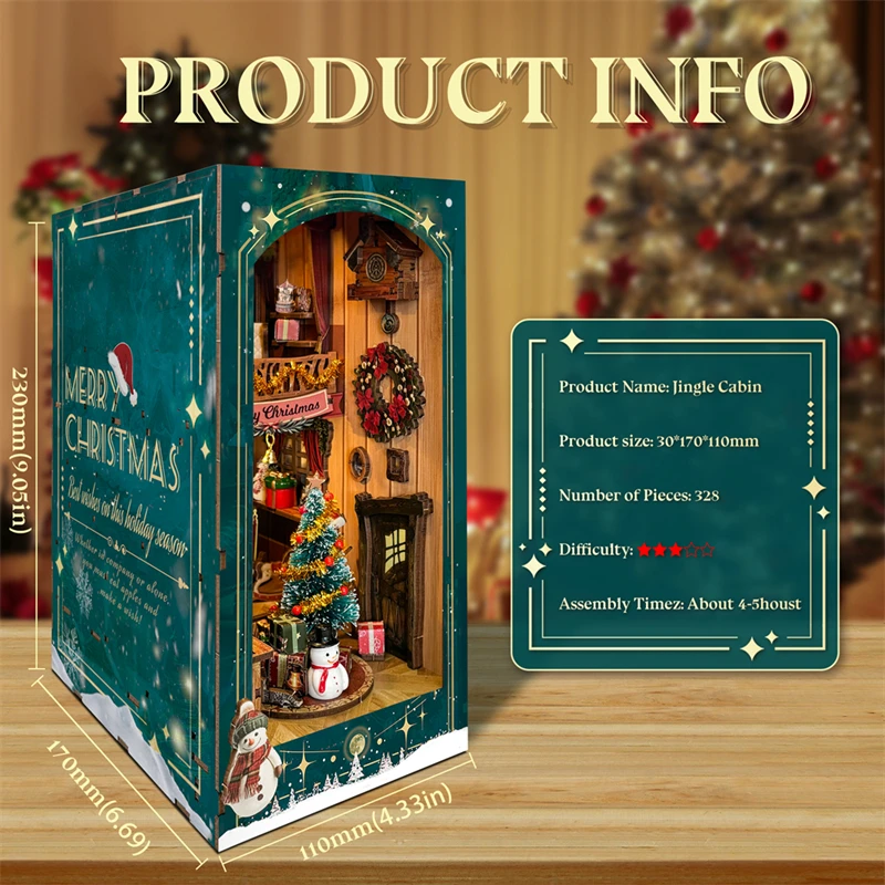 Estante De Madeira Com Luz LED, DIY Livro Nook, Prateleira Insert Kits, Modelo Em Miniatura Kit, Jingle Cabin, Bookend Natal, Home Decor