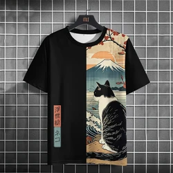 Cartoon Cat Men's T-Shirt Japanese Style Ukiyo-e Cat Printing T-Shirts Casual Loose Short Sleeve Tee Oversized Men Clothing Tops