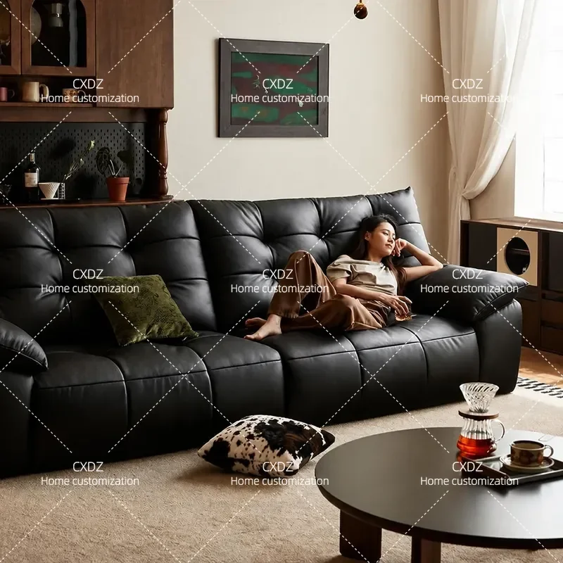 Light luxury Italian big black bear cloud leather sofa living room new modern first layer cowhide straight row latex wood