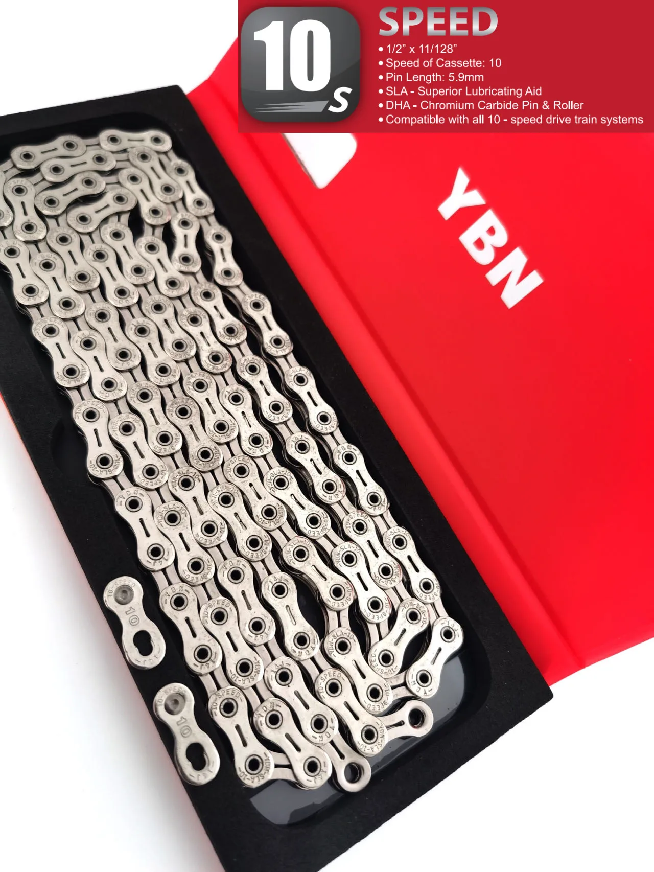 YBN SLA101 Bike Chains MTB Mountain Road Bike Chains 10 Speed Full Hollow Bicycle Chain 116 Links Color Silver Black Gold