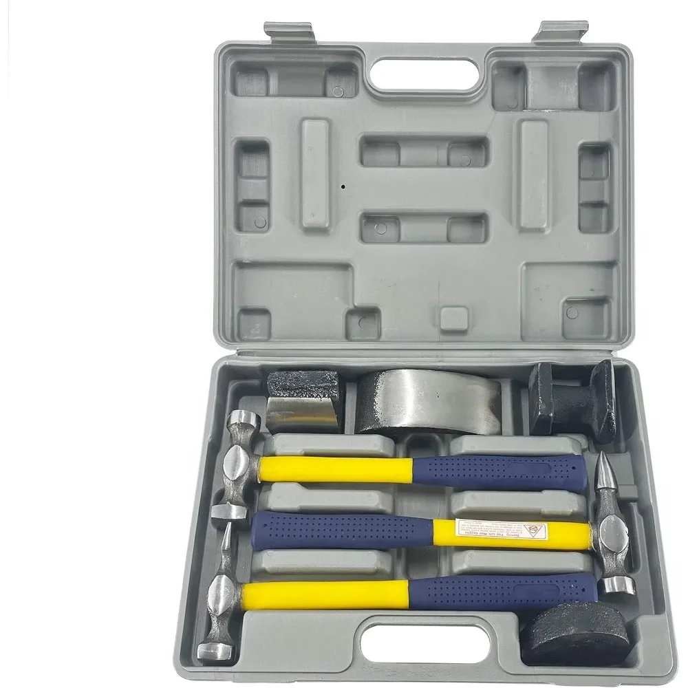 

7 Piece Auto Body Fender Repair Tool Set with Hammer Dolly Dent Bender Fiberglass Handle Plastic Case