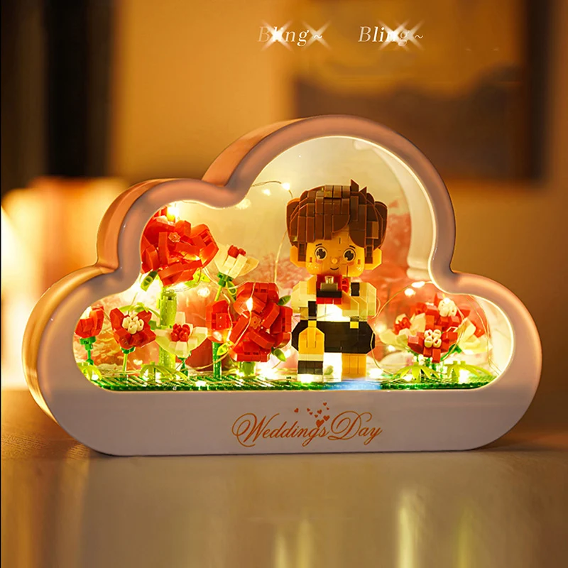 Creative Mini Block Prince Romantic Rose Assemble Model Building Brick Mirror Toy With Light For Valentines Day Girls Gifts