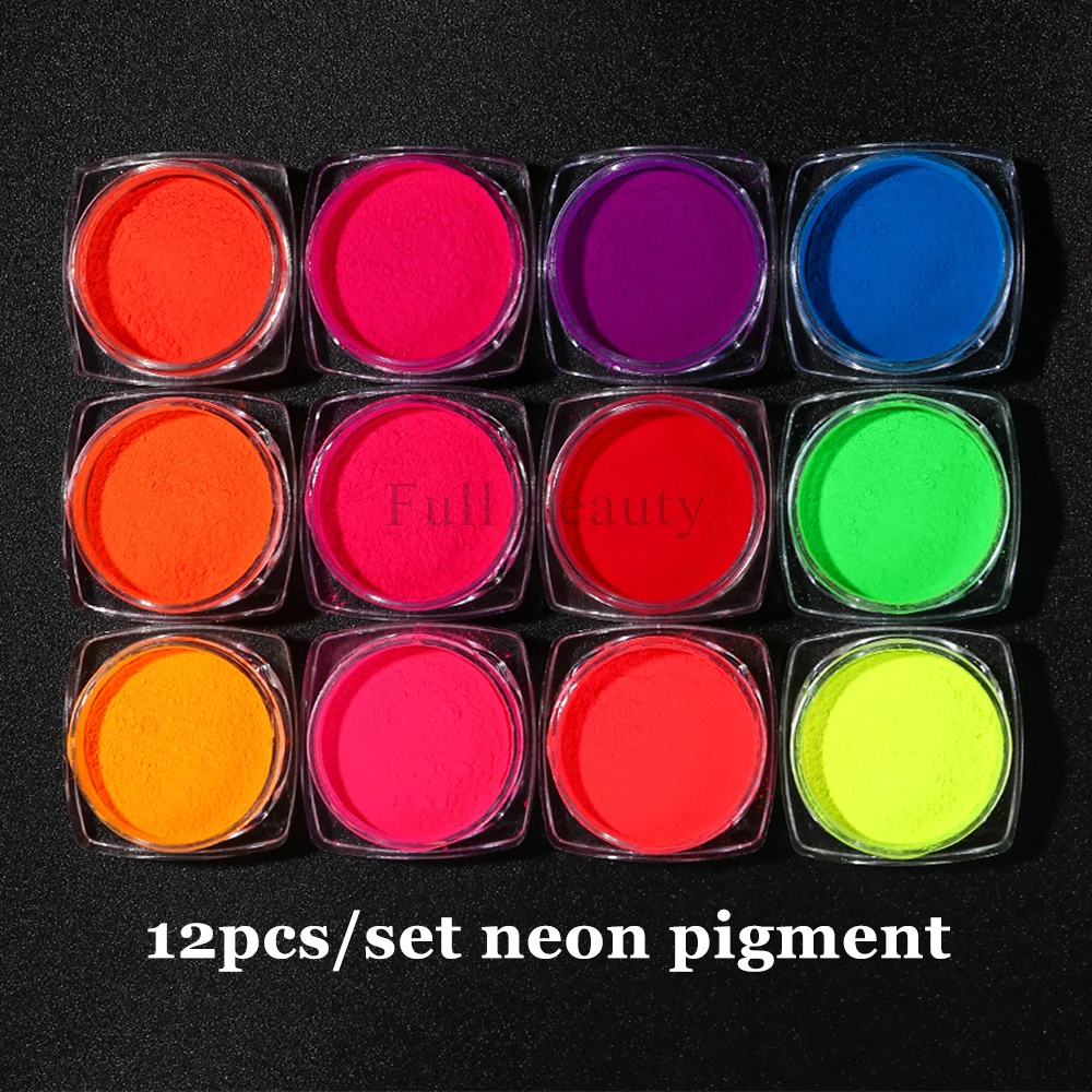 12Pcs Neon Nail Pigment Set Flurorescent Glitter Summer Decoration Blue Pink Gradient Powder Rub Dust Manicure Flakies NTYE01-12