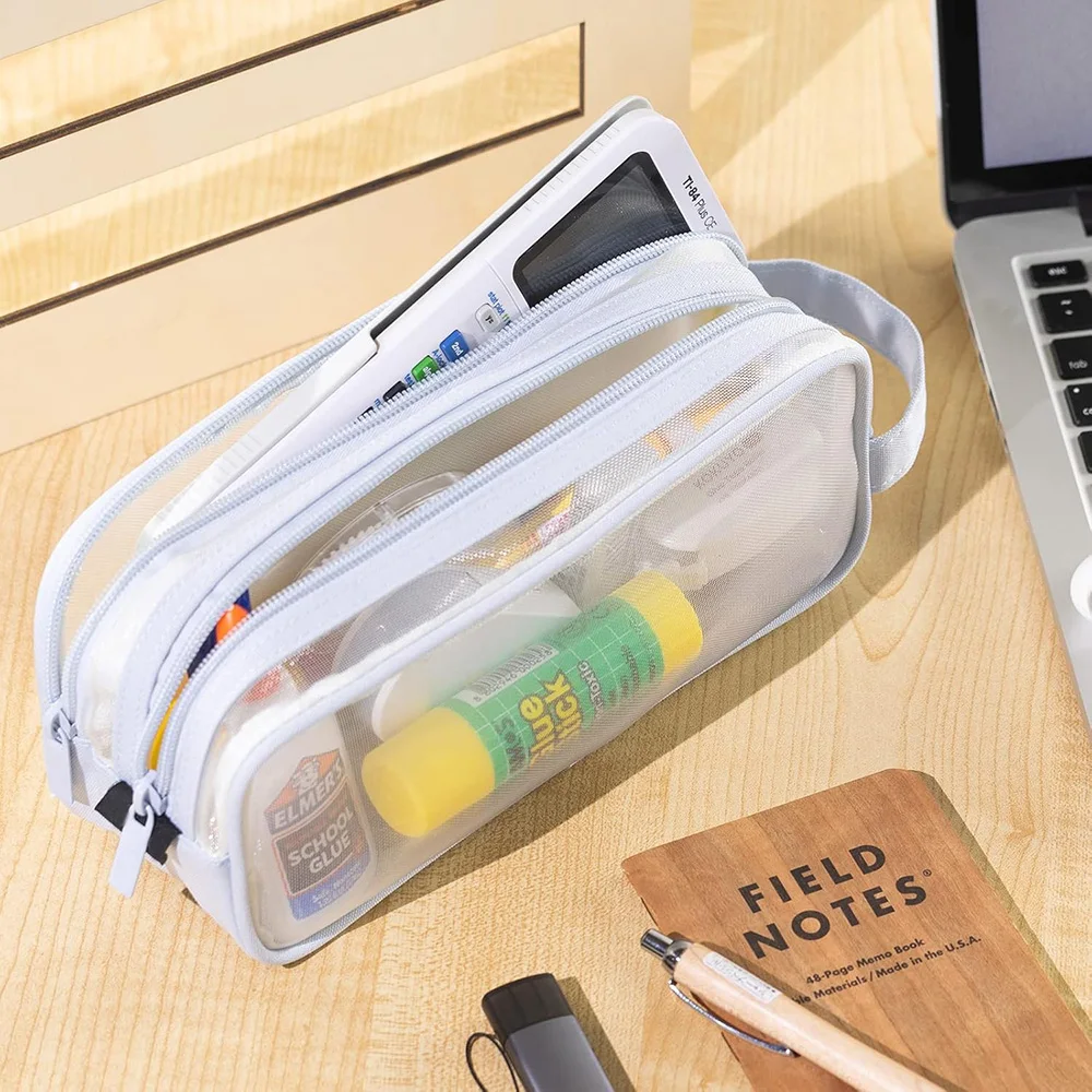 Large Mesh Pencil Case Double Layer Transparent Pencil Pouch, Handheld Multifunctional Cosmetic Bag, Suitable for School Office