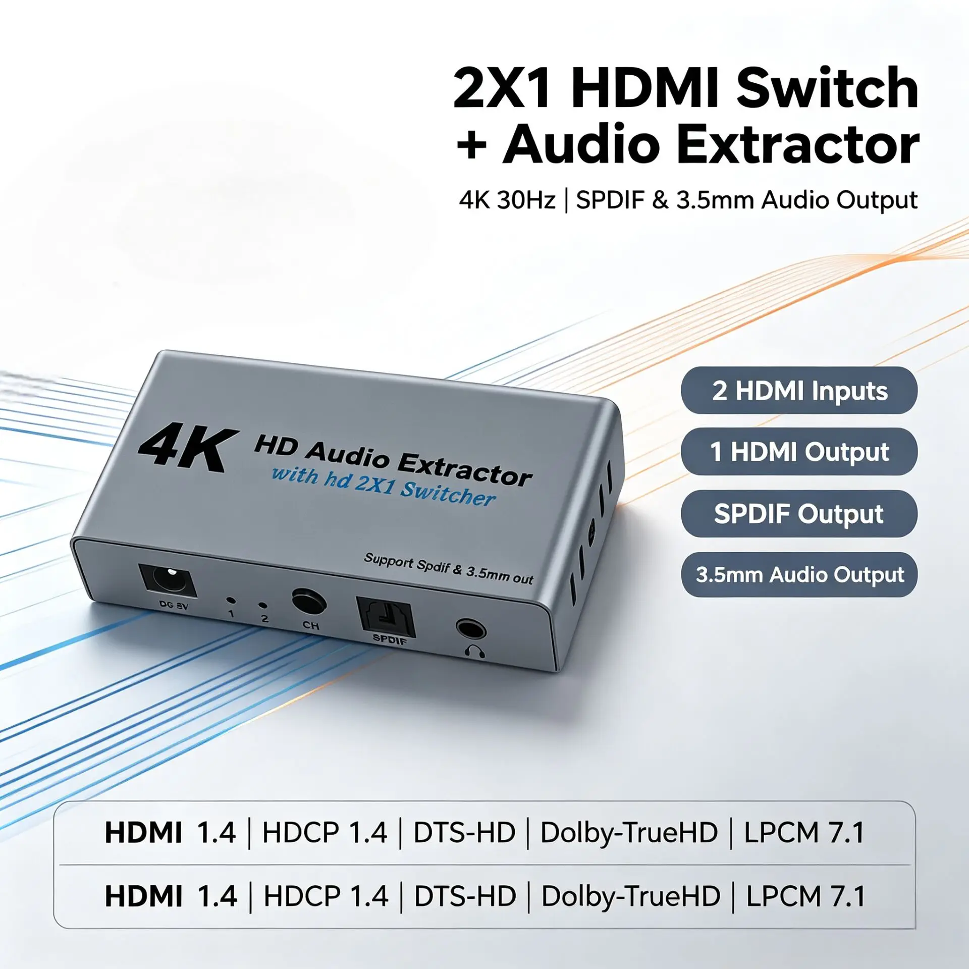 4K HD HDMI 1.4b switcher, 2 input 1 output with audio extraction, with 3.5mm jack, compatible with PS4/Xbox/HDTV/HD monitor, etc