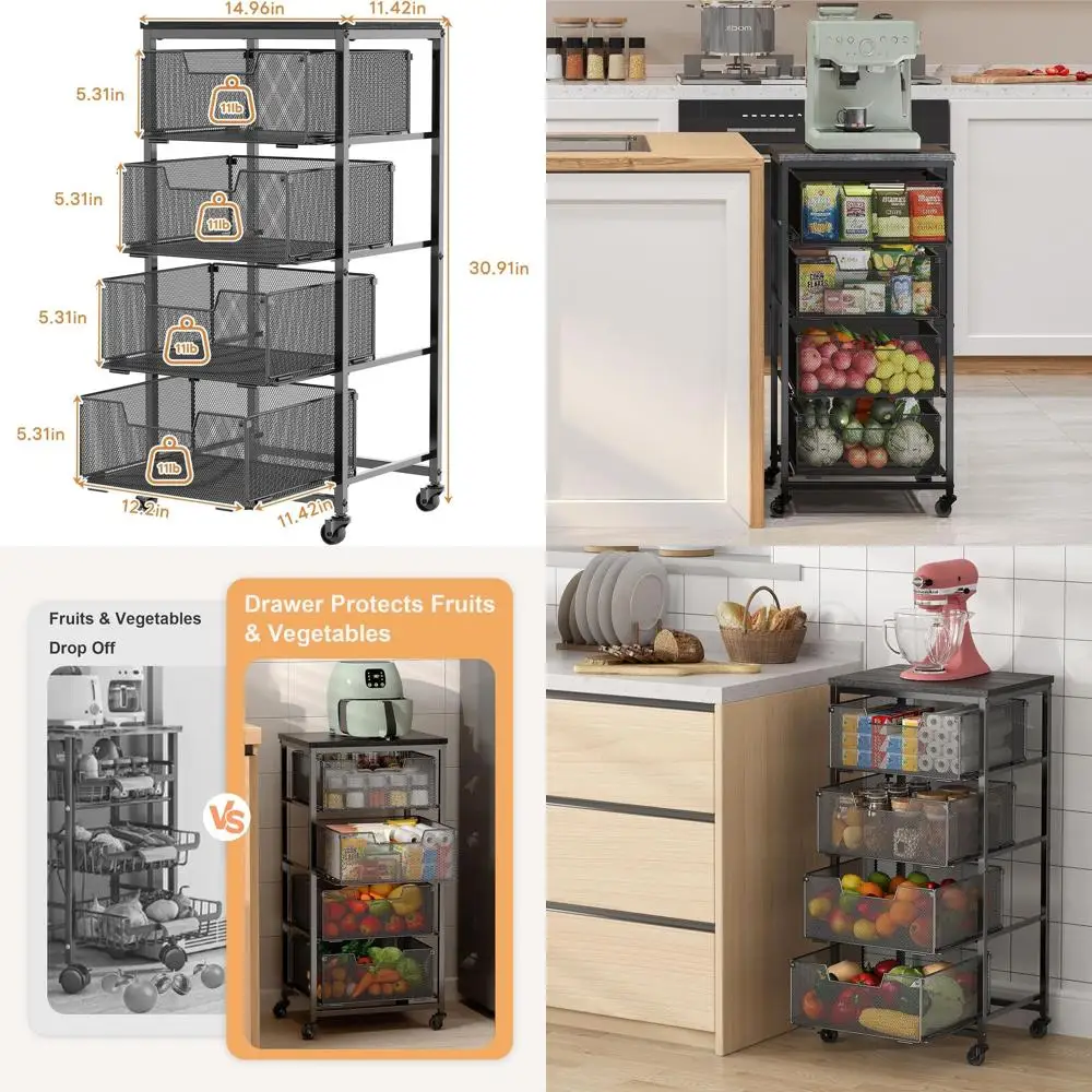 

4-Tier Rolling Kitchen Storage Cart with Wooden Top and Metal Wire Shelves for Vegetables, Cans, and Snacks