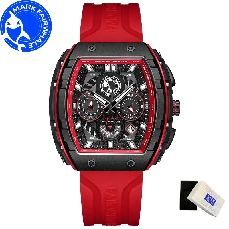 

Часы MARK FAIRWHALE для мужчин 5670, модные кварцевые наручные часы Tonneau, корпус из смолы, хронограф, водонепроницаемые мужские часы, подарочная коробка