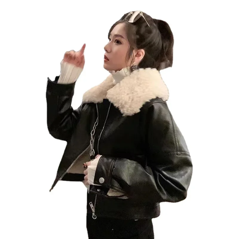 High Quality Pu Leather Coat Winter Women Clothing 2023 New Faux Fur Collar Motorcycle Jacket Temperament Trend Coat Black