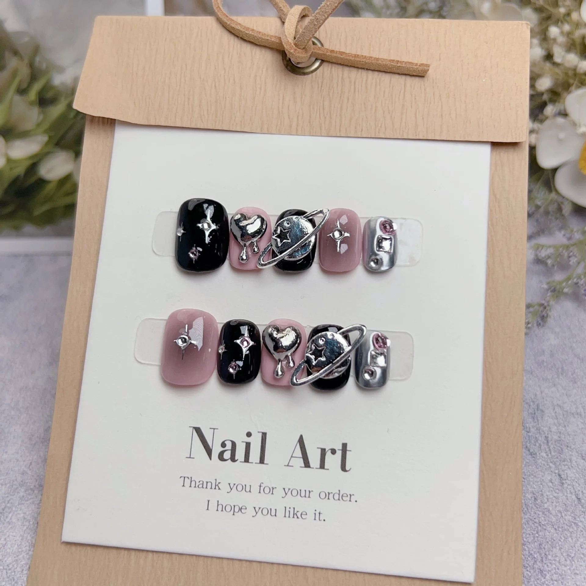 

10PCS Pink Spice Girls Short Square Round Handmade Press on Nails Sweet Cool Black Blush 3D Metallic Planet Star False Nails Art
