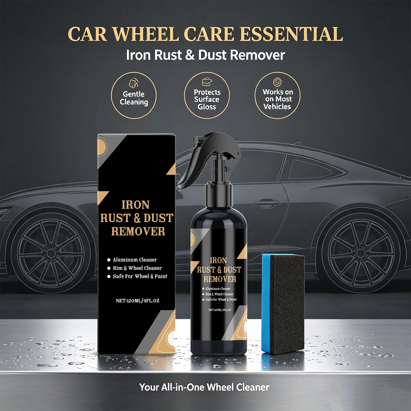 Iron Rust & Dust Remover Spray with Sponge,Remove Metal Rust Spot Car Detailing Cleaning Kit for Truck Wheels Restores Glossy