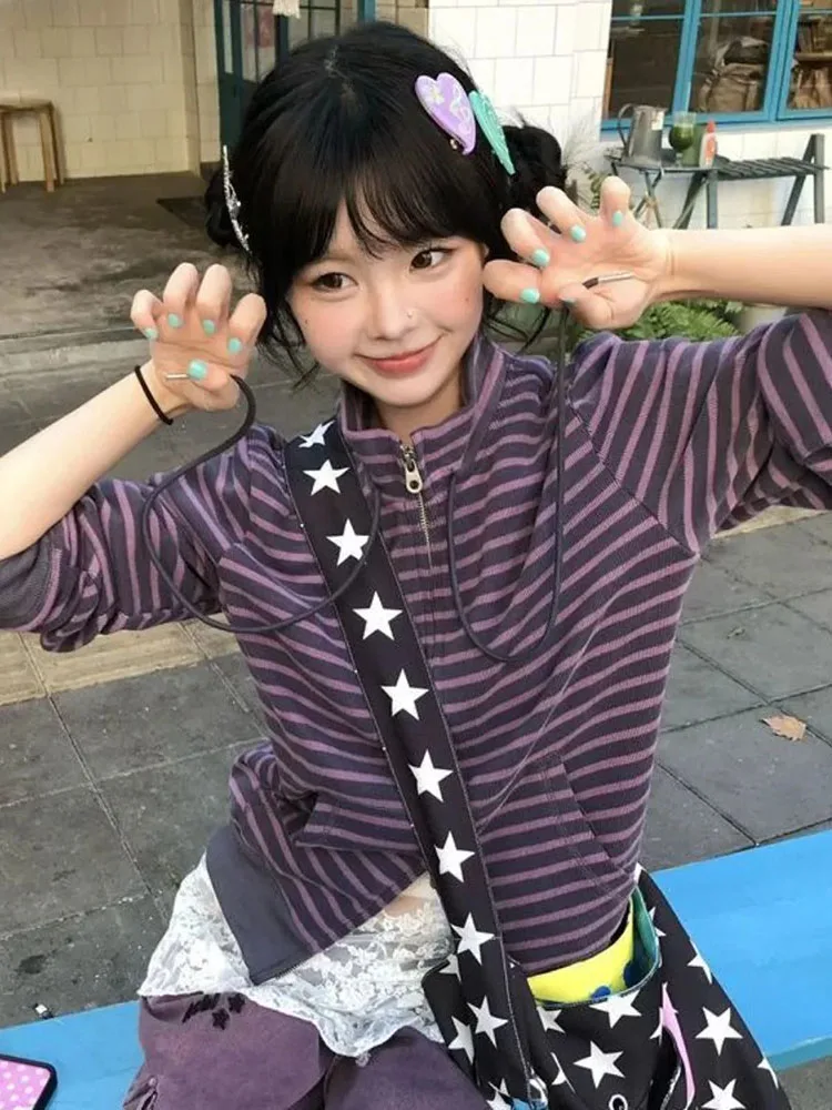 

Японские свитшоты Y2K для женщин: полосатые, с воротником-стойкой, с графическим принтом, в стиле High Street, зимние куртки для E-girls