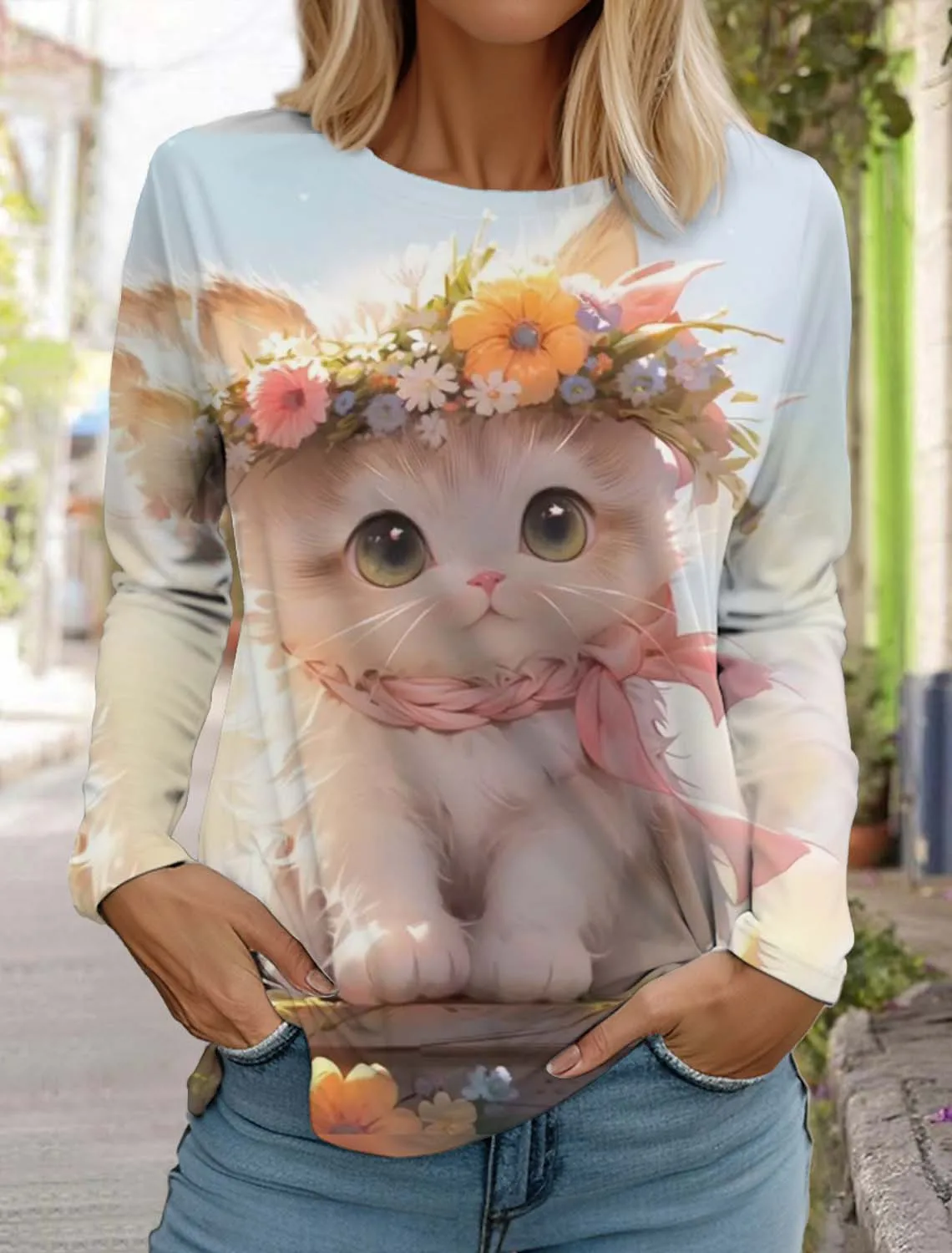 Christmas Cute Cat Women's Long Sleeves T-Shirt Round Neck Long Sleeved Autumn Animal Clothing  Holiday Fashion Party T-Shirt