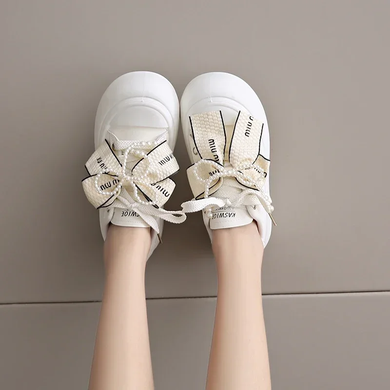 Fashion Women's White Platform Sneakers PU Leather Walking Cute Bow Lace Up Shoes Knot Pearl Detachable Casual Tennis