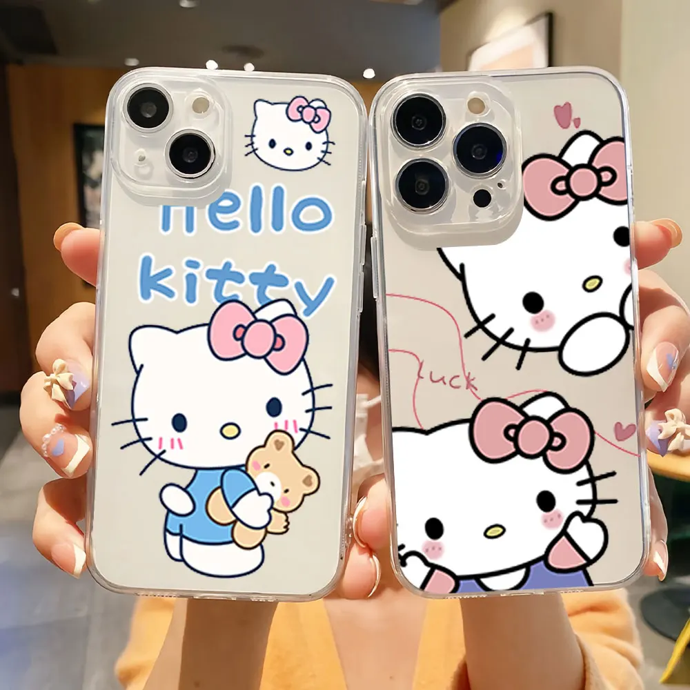 MINISO-caixa de telefone rosa Hello Kitty para iPhone, INS, transparente, Soft Shell, 11, 12, 13, 14, 15, 16 Max, Pro, Plus