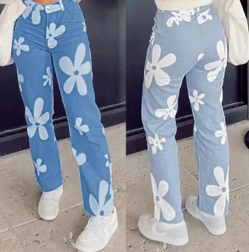 

Women's Straight Leg Jeans Personalized Street Style Female Clothing Daily Casual Woman Fashion Sexy Floral Denim Pants