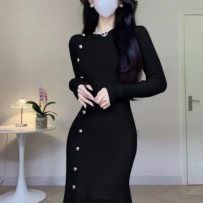 2023 Women's Autumn and Winter Pullover Round Neck Spliced Button Screw Long Sleeved Thread Knitted Slim Fit Solid Color Dress