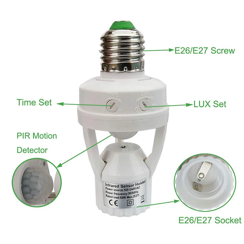 1pc Infrared Human Body Sensor Light Head Lampholder E27 Large Screw 100-240v Wide Voltage