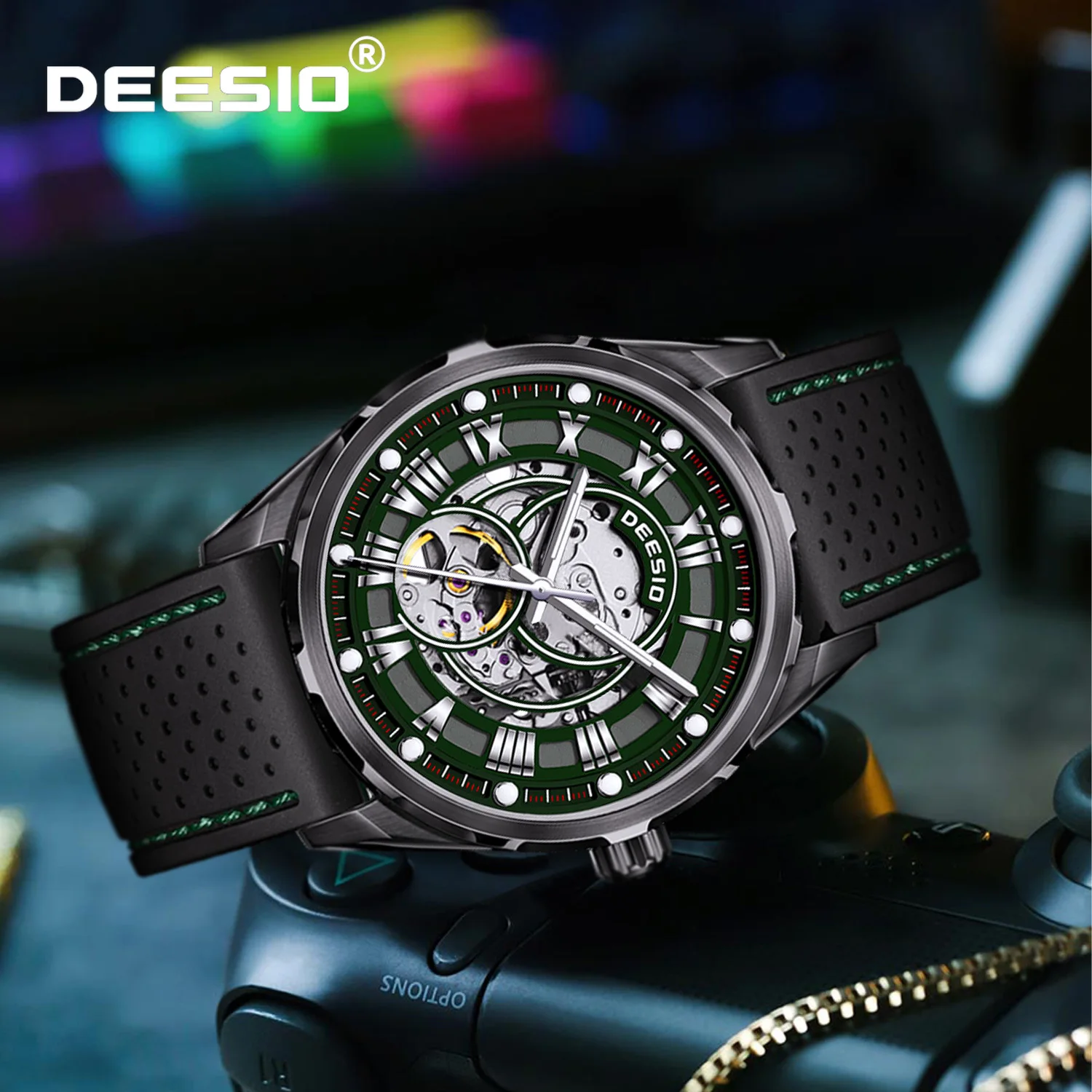 

Deesio Luxury Automatic Mechanical Skeleton Watch Men Stainless Steel Water Resistant Luminous Hands Business Casual Wristwatch
