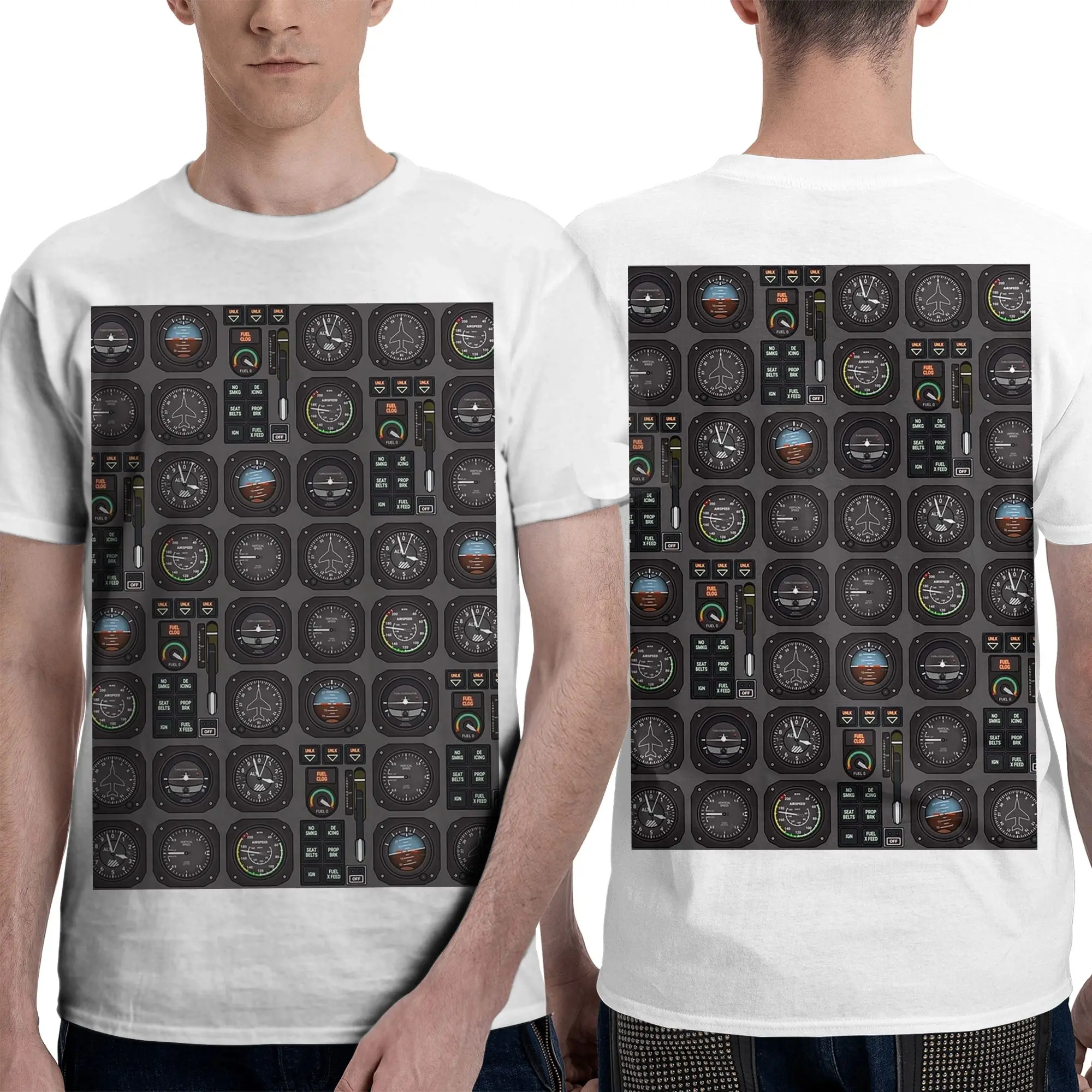 100% Cotton Pilot Flight Instruments T-Shirt Men's Double Sided T Shirt Men Round Neck Summer Shirts Tops Oversized