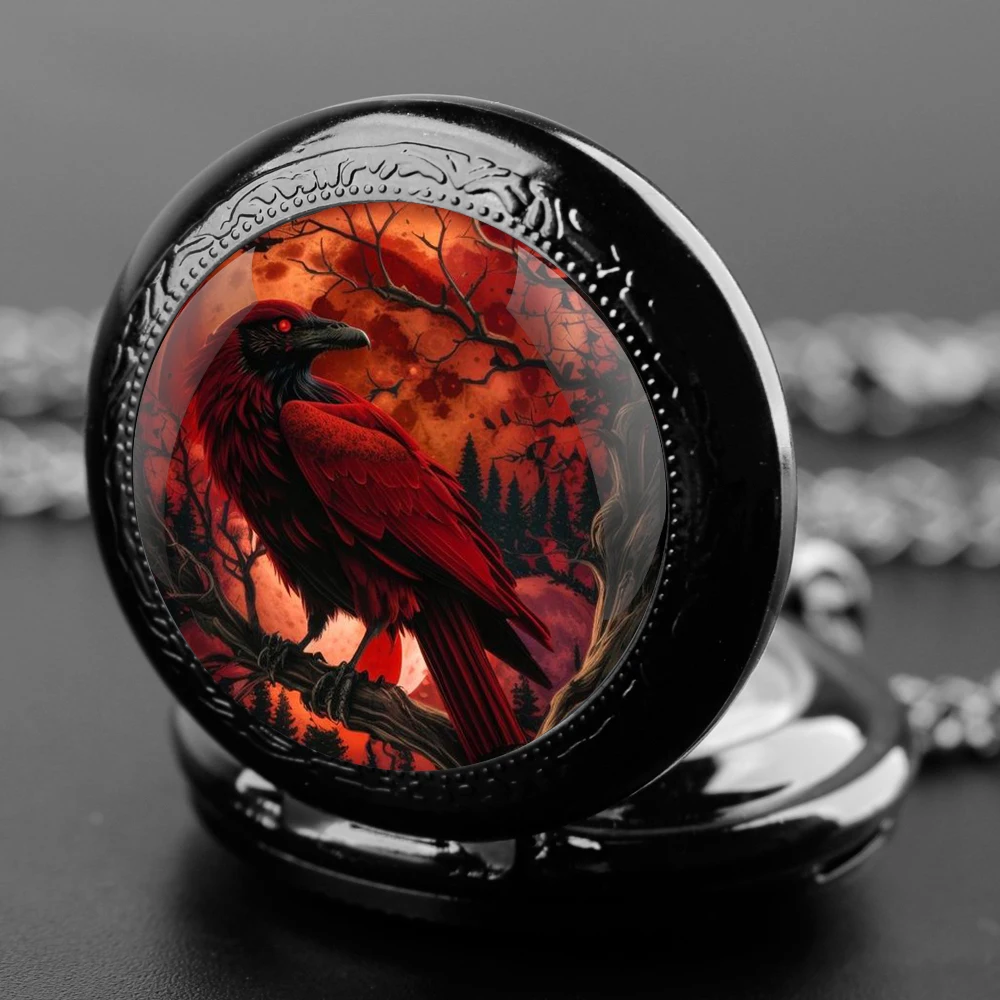 Montre de Poche à Quartz en Verre de Corbeau Rouge pour Cosplay d'Halloween, avec Cadran Numérique Arabe Durable, Cadeaux Créatifs pour Homme et Femme