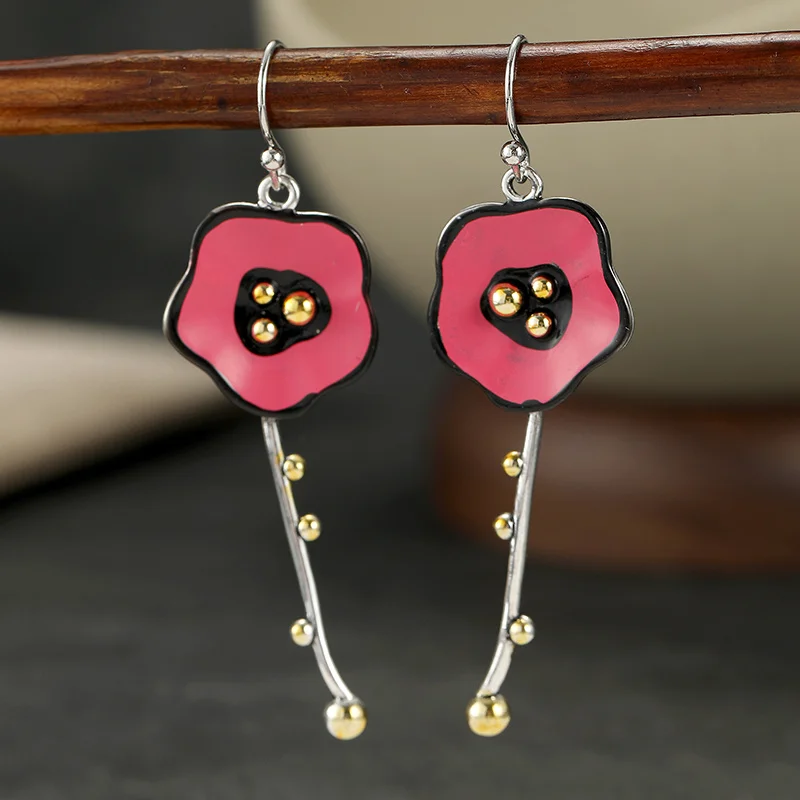 Ladies' Red Color Dripping Oil Long Earrings Rose Flower Face Artistic Style Dangle Earrings Fresh Countryside Style Jewelry