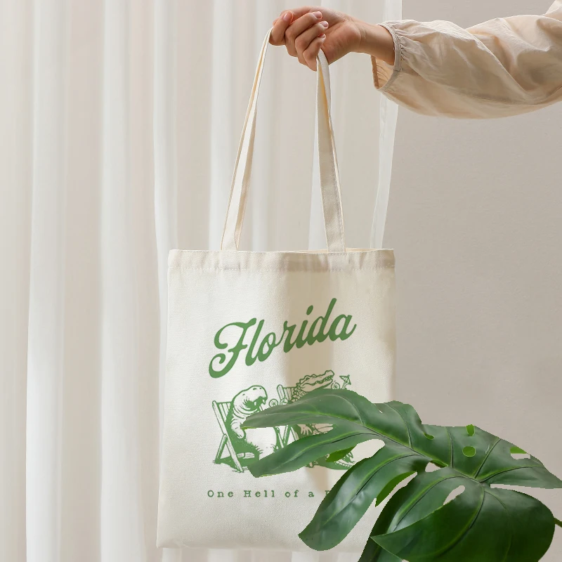 فلوريدا نمط حمل الحقائب قماش حقيبة كتف قابلة للطي للسفر التنقل اليومي المرأة قابلة لإعادة الاستخدام حقيبة تسوق كبيرة للشاطئ