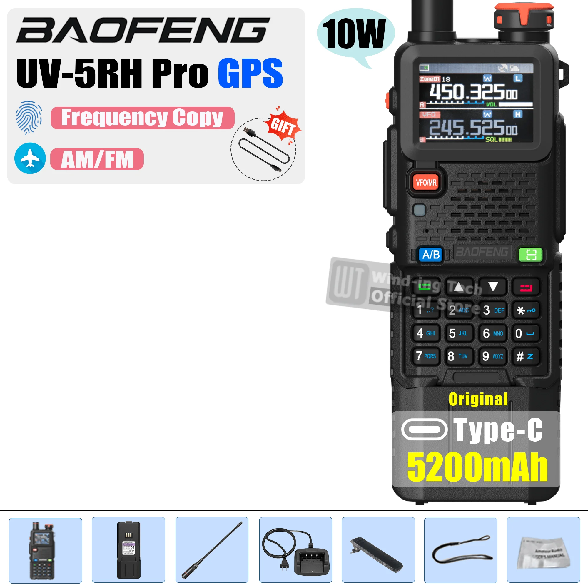 1/2PCS Upgrade Baofeng UV 5RH Pro GPS Walkie Talkie 3000mAh 5200mAh Verlengd Verdikte batterij Frequentie Kopie Type-C Ham Radio