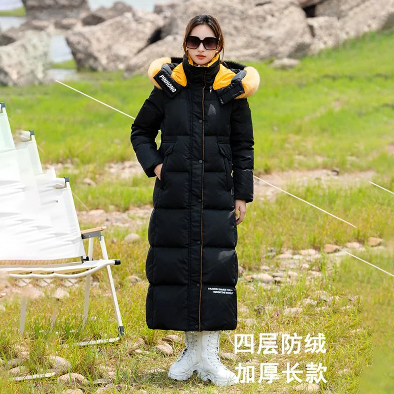 2023 The New Fox Fur Collar Hooded Super-long Down  For Women Skiing Outdoor Wash-free Fashion Warm Thick Coat Womnes Tide