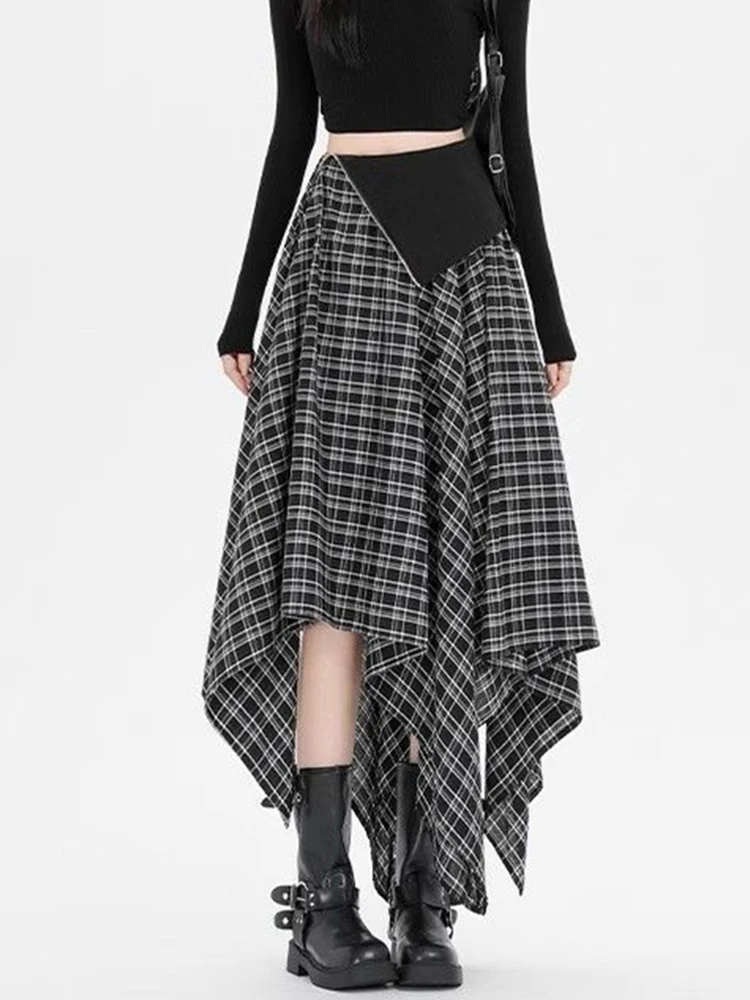 

Необычная клетчатая юбка-миди, женская винтажная лоскутная уличная юбка на молнии с высокой талией, свободная повседневная женская юбка трапециевидной формы