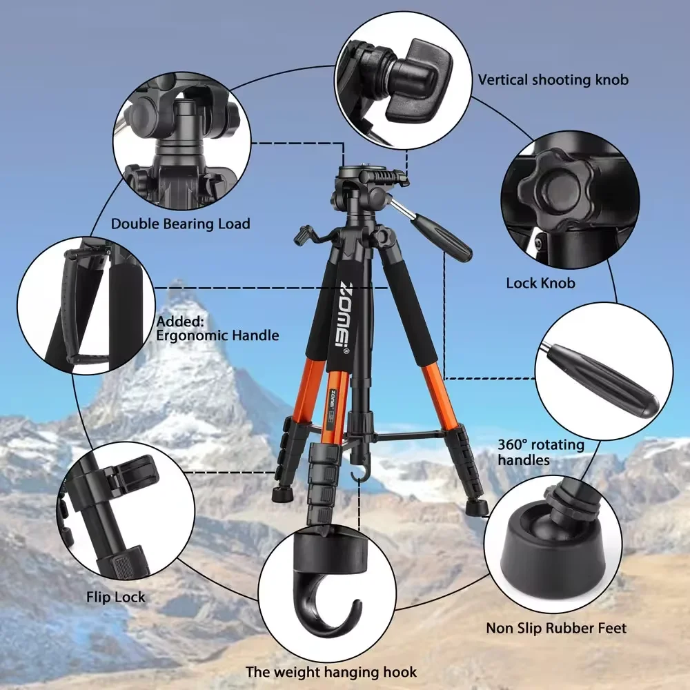 187cm 73.6\'\' Tall 360°Rotatable Zomei Aluminum Tripod 6kg Max Load Capacity for Professional Camera Canon Nikon Mobile Phone