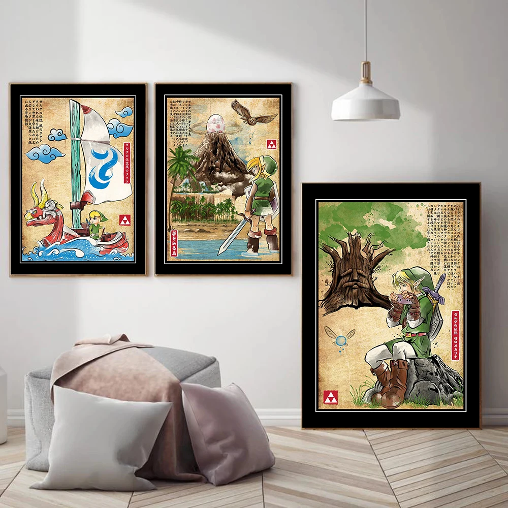 Video Game Legend Link Canvas Print Japanese Sumi Ink Watercolor Painting Kokiri Forest Deku Tree Anime Traditional Style Decor