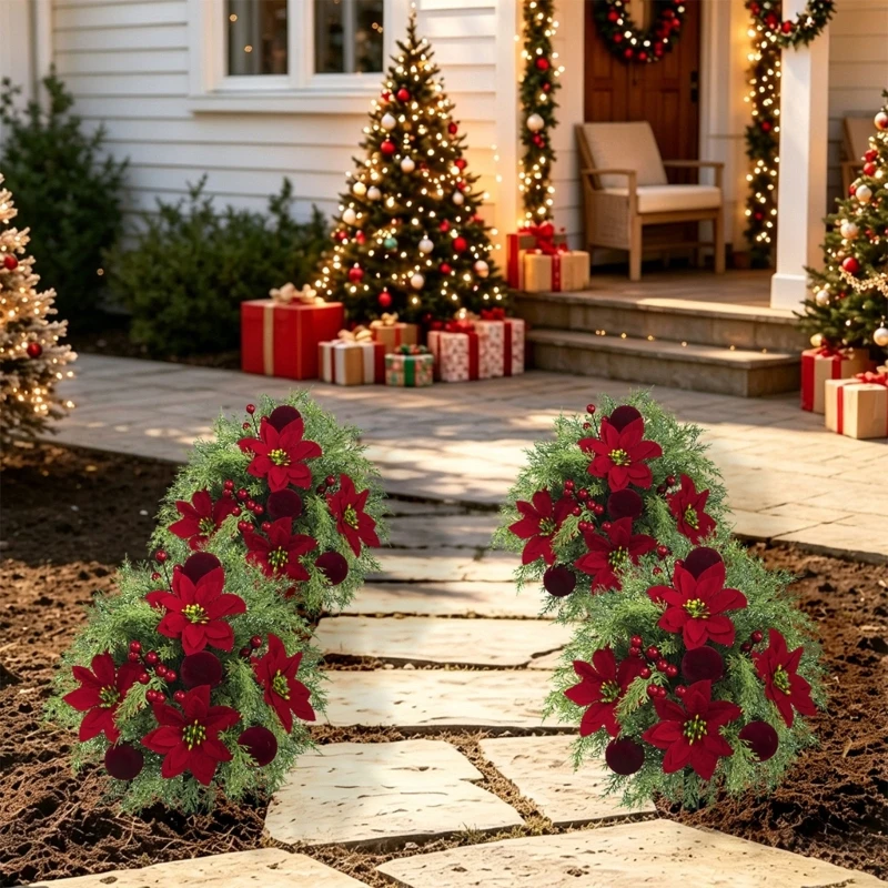 Holiday Entry Stake for Christmas Yard Placement with Red Plant Foliage