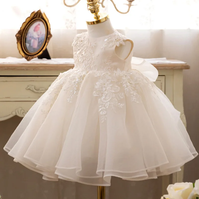 2023 Newest Girls Children Party Lush Princess Lace Tulle Dresses Toddler 1st Birthday Banquet Stylish Kids Sleeveless Gowns