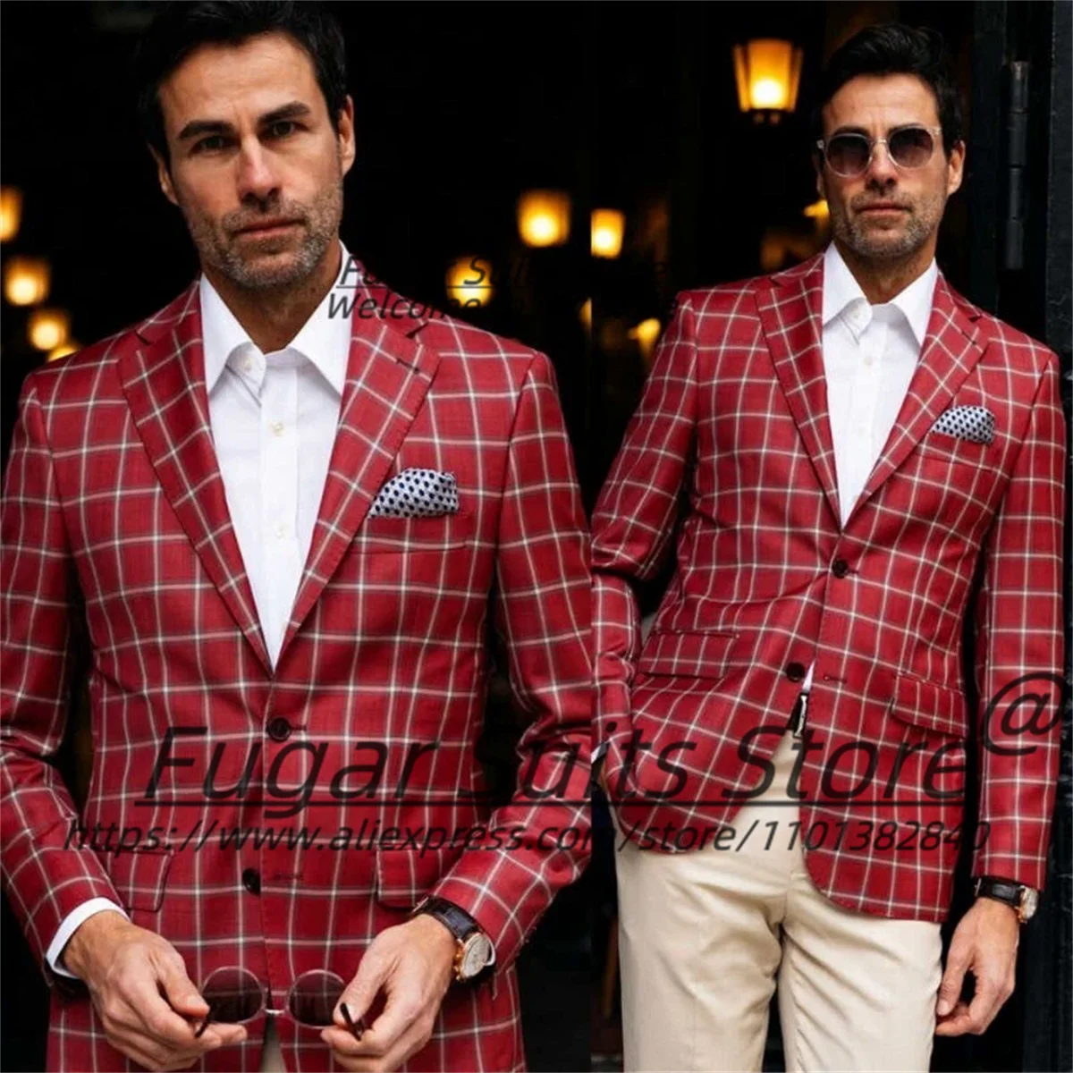 

Fashion Red Plaid Men Suits Customized Slim Fit Notched Lapel Groom Formal Tuxedos 2 Pieces Sets Male Blazers trajes para hombre