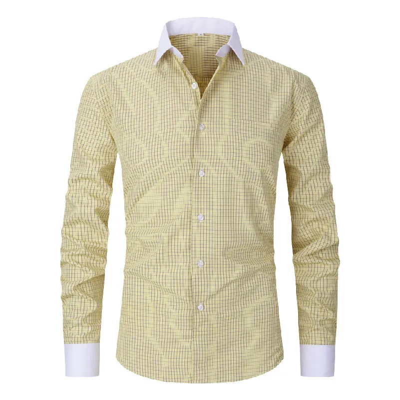 Mens Japanese Style Loose Plus Size Grid Check Contrast Collar Long Sleeve Wrinkle Resistant Shirt