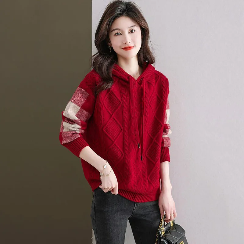

Autumn Winter New Pullover Sweater Women's Mid Long Age Reduction Versatile Hooded Knitted Sweater Coat Female Casual Ladies Top